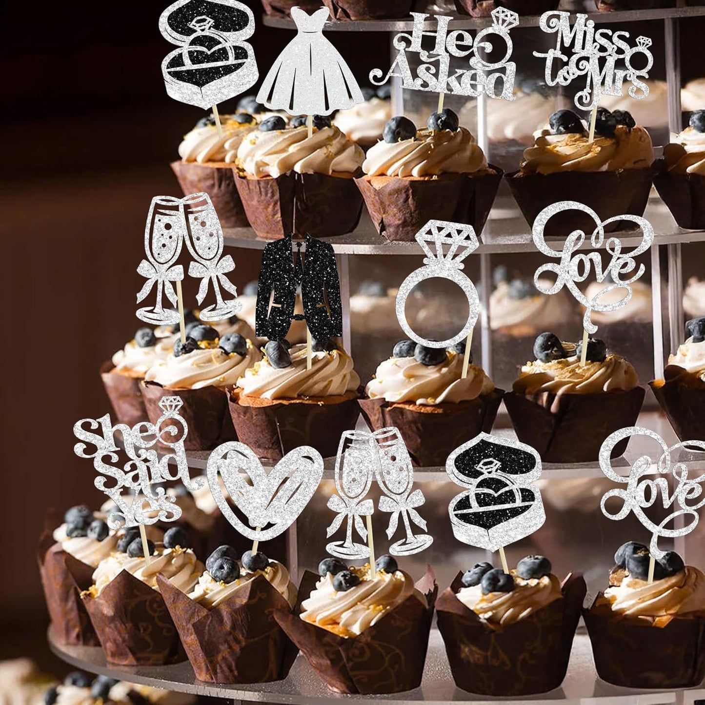 Gyufise 30Pcs She Said Yes Cupcake Toppers Glitter Diamond Ring I Do Love Cupcake Picks Miss to Mrs He Asked Bridal Shower Wedding Engagement Bachelorette Cake Decoration Silver