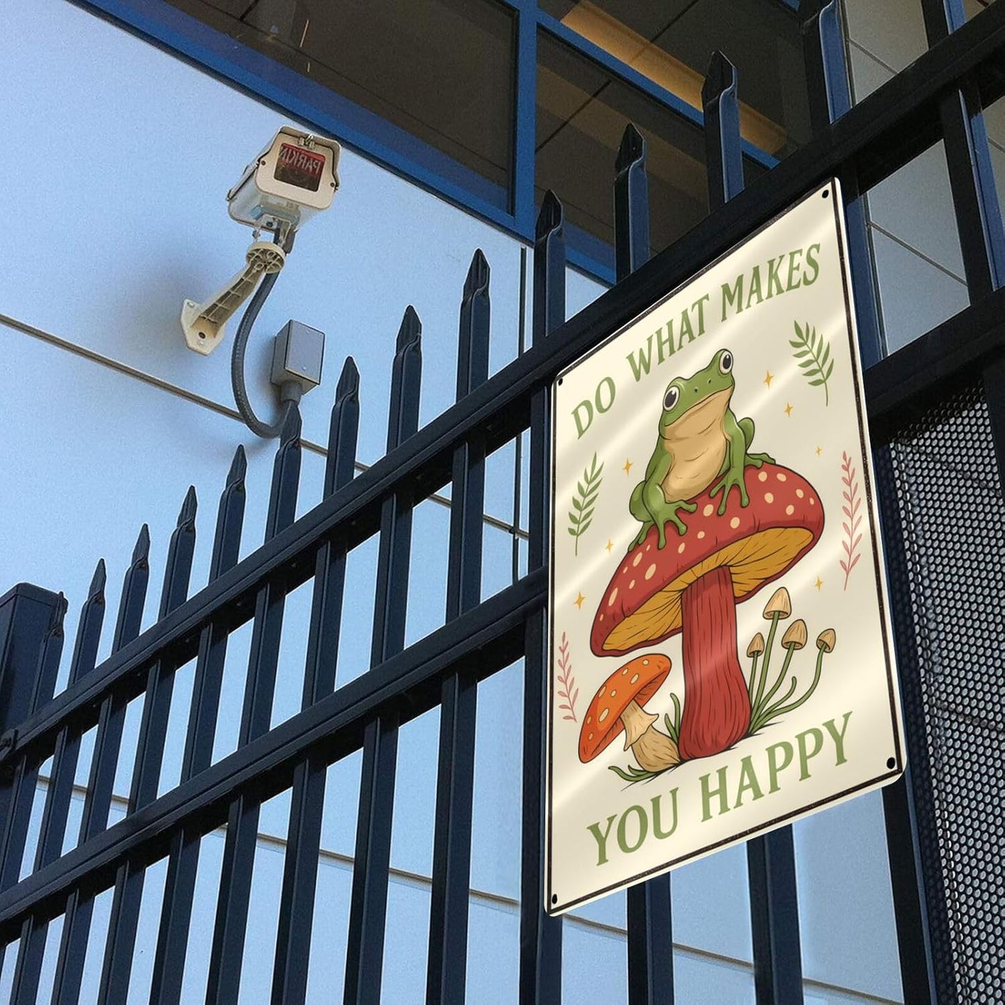 Funny Frog on Mushroom Metal Sign - Cute Cottagecore Forest Wall Decor for Bathroom, Kitchen, Bedroom or Patio - Whimsical 12" x 8" Tin Sign