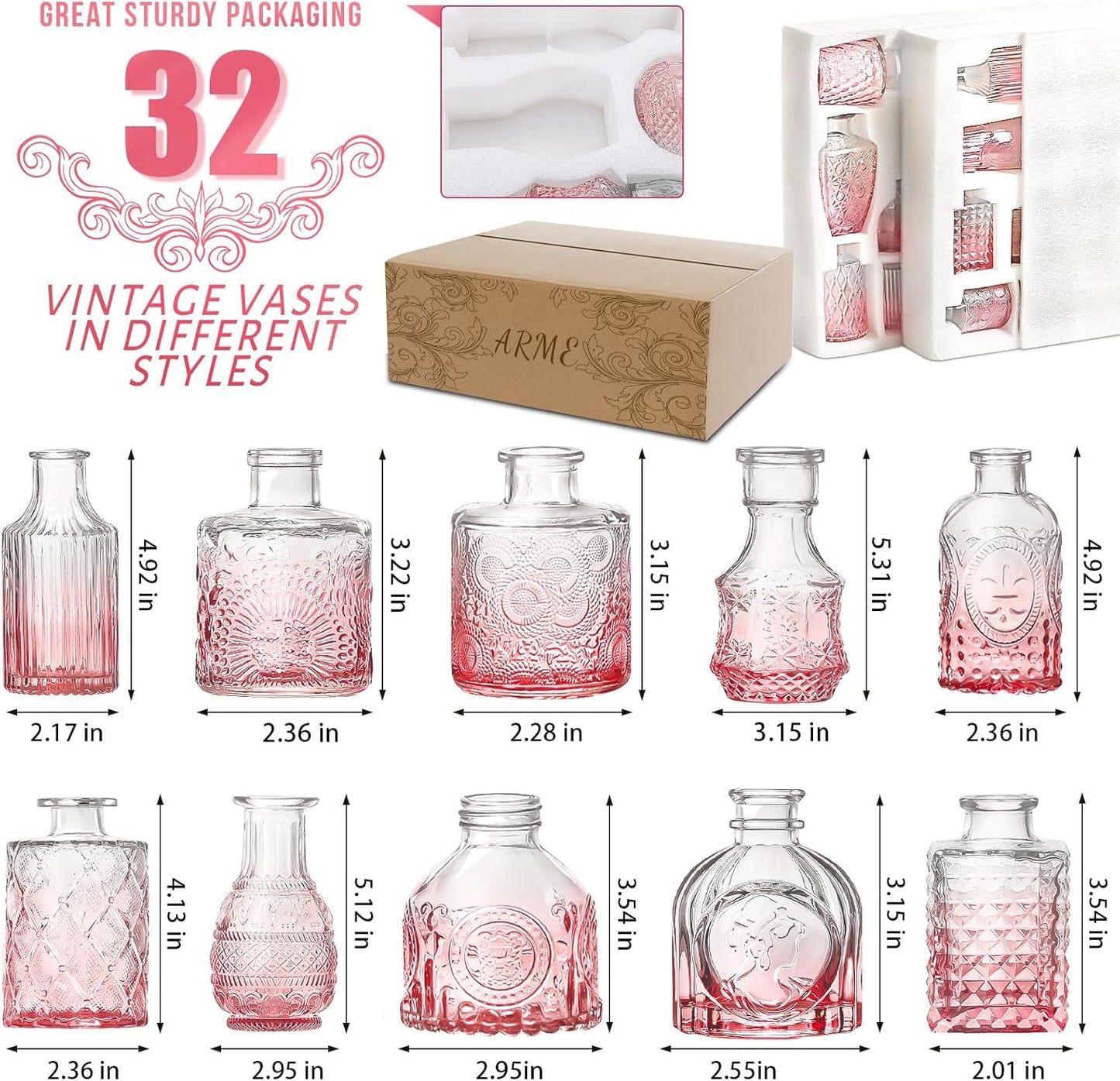 Arme Bud Vase Set of 32, Pink Vases in Bulk Bud Vase for Flower Small Glass Vases for Wedding Centerpieces, Vintage Cute Mini Flower Vase, Home Table Flower Decor