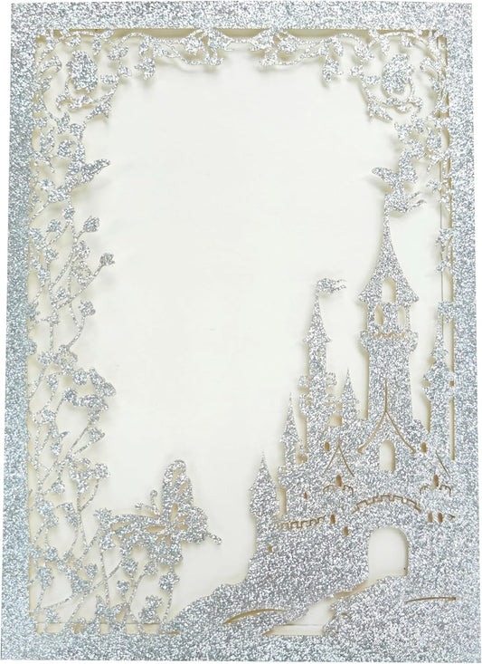 20PCS Castle Pocket Invitations, Quinceanera Invitations with Envelopes, Princess Invitation, Laser Cut quince invites (glitter silver)