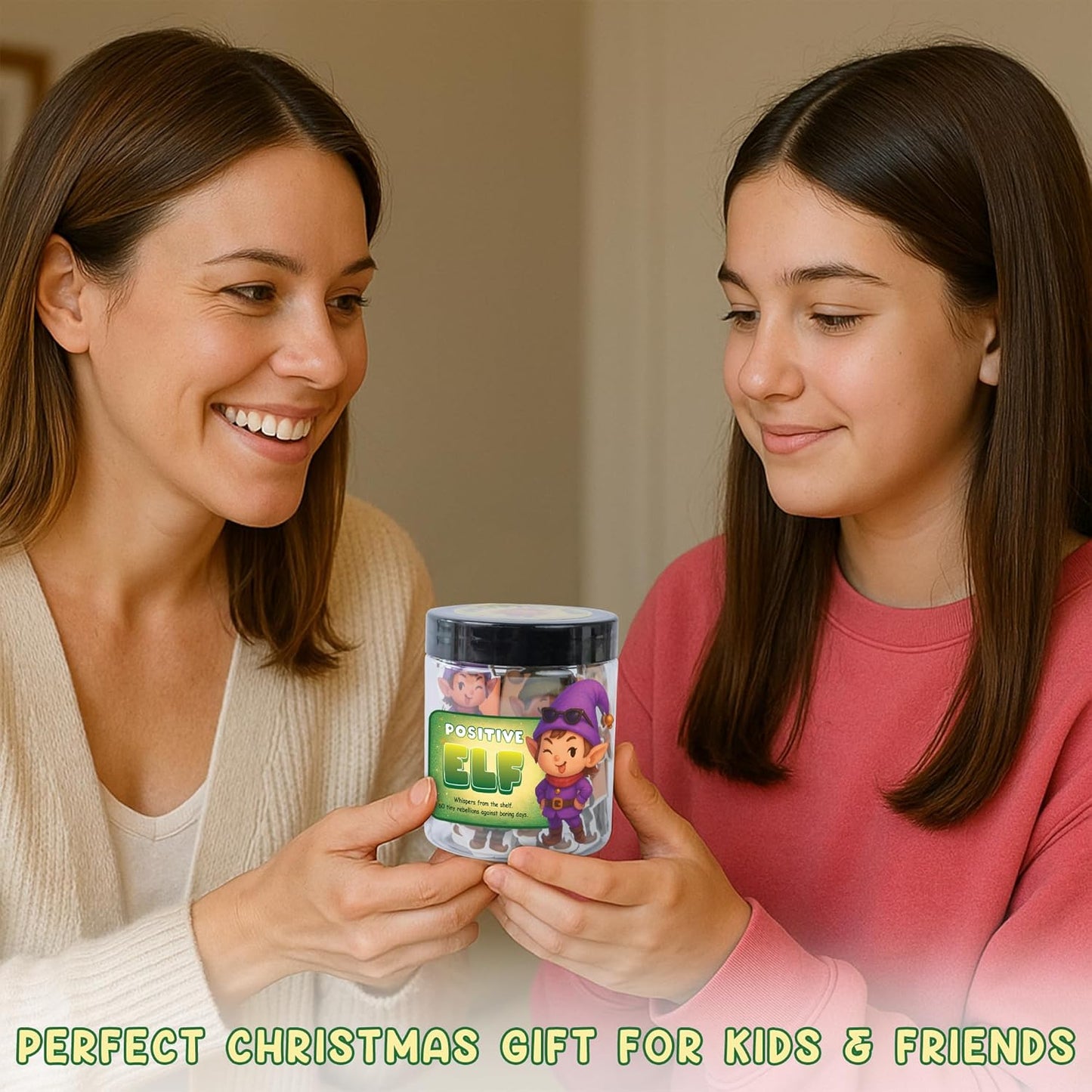 Positive Elf Jar – 60 Funny Emotional Support Elf, Christmas Gifts for Teens, Women, Men, Coworkers, Teachers, Sisters, Friends – Christmas Stocking Stuffer for Teen Girls, Boys, Women