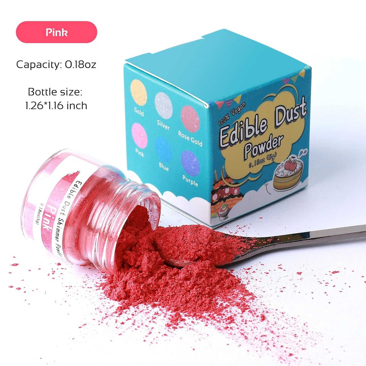 Jelife Pink Edible Luster Dust for Drinks - 5 Grams Food Grade Cake Glitter Dust Shimmer Powdered, Edible Metallic Powder Food Coloring for Cake Decorating, Chocolates, Fondant, Painting & More, Vegan