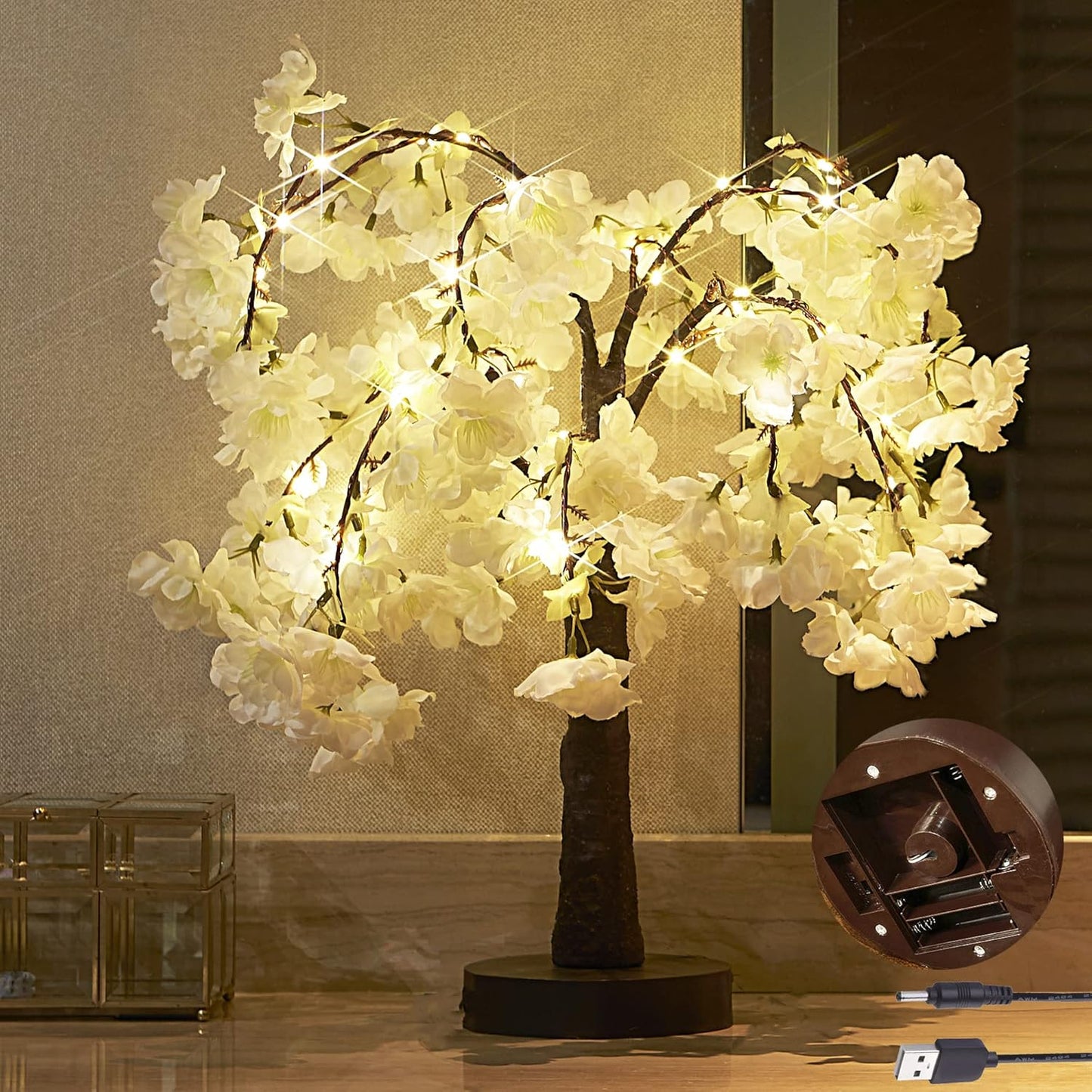 LITBLOOM Cherry Blossom Tree Lights Battery Operated or USB Powered with Timer 18IN 40 Fairy Lights for Wedding Party Table Decoration Inside