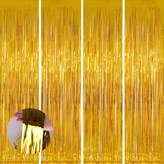 Keyali 4 Pack 3.3 * 8.3 ft Foil Curtain Metallic Tinsel Fringe Curtains Photo Booth Props Backdrop for Birthday Wedding Engagement Baby Shower Christmas Holiday Celebration Partyl,Gold