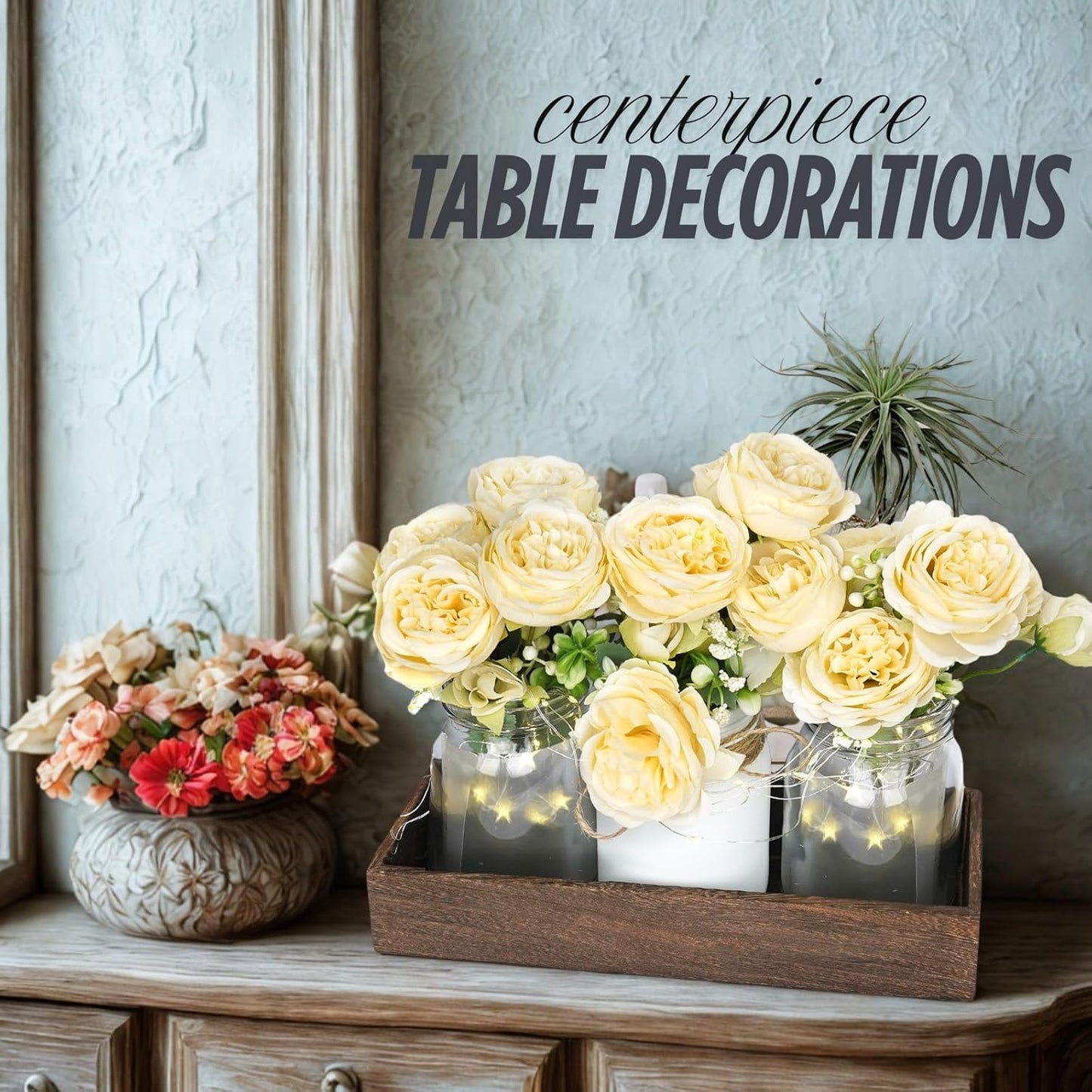 Champagne Floral Mason Jars for Centerpieces – Rustic Table Centerpiece Decorations with Lights & Tray – Wedding Centerpieces for Tables, Dining Room, Party or Reception Decor Kitchen Counter