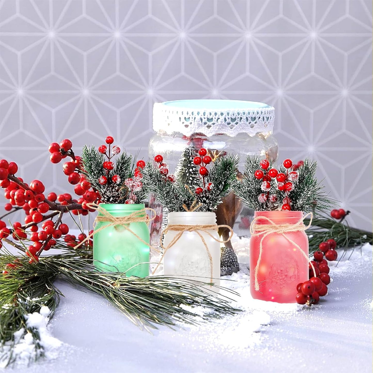 CNVOILA Christmas Centerpiece, Christmas Decor Mason Jars, Mantle Centerpiece Table Decorations, Holiday Table Centerpieces Bulk, Home Mantle Decor, Coffee Table Christmas Decor – 3PC