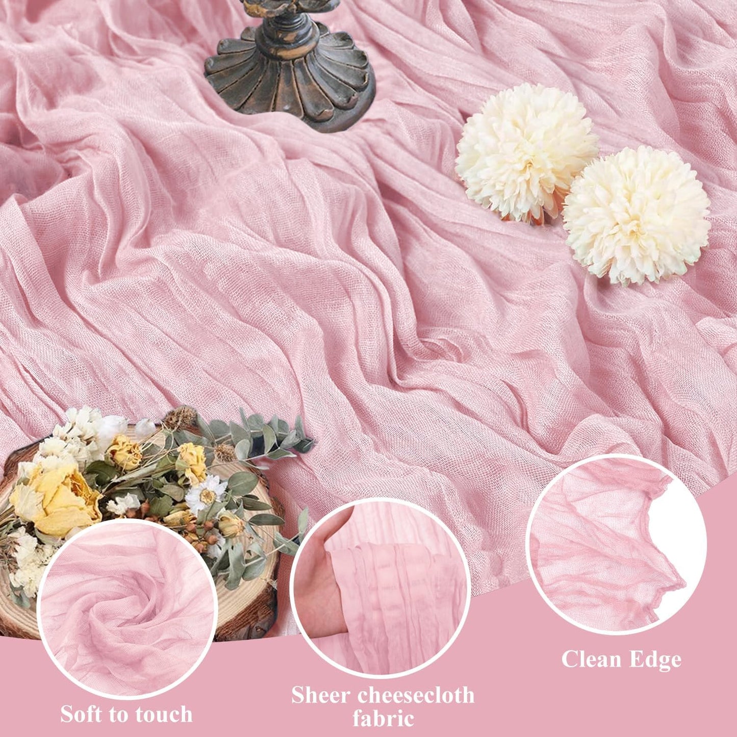 Asee'm Cheesecloth Table Runner 120 Inches Blushing Pink Boho Gauze Cheese Cloth Runner 10FT Rustic Sheer Fall Table Runners for Thanksgiving Wedding Baby Shower Holiday Party Decoration