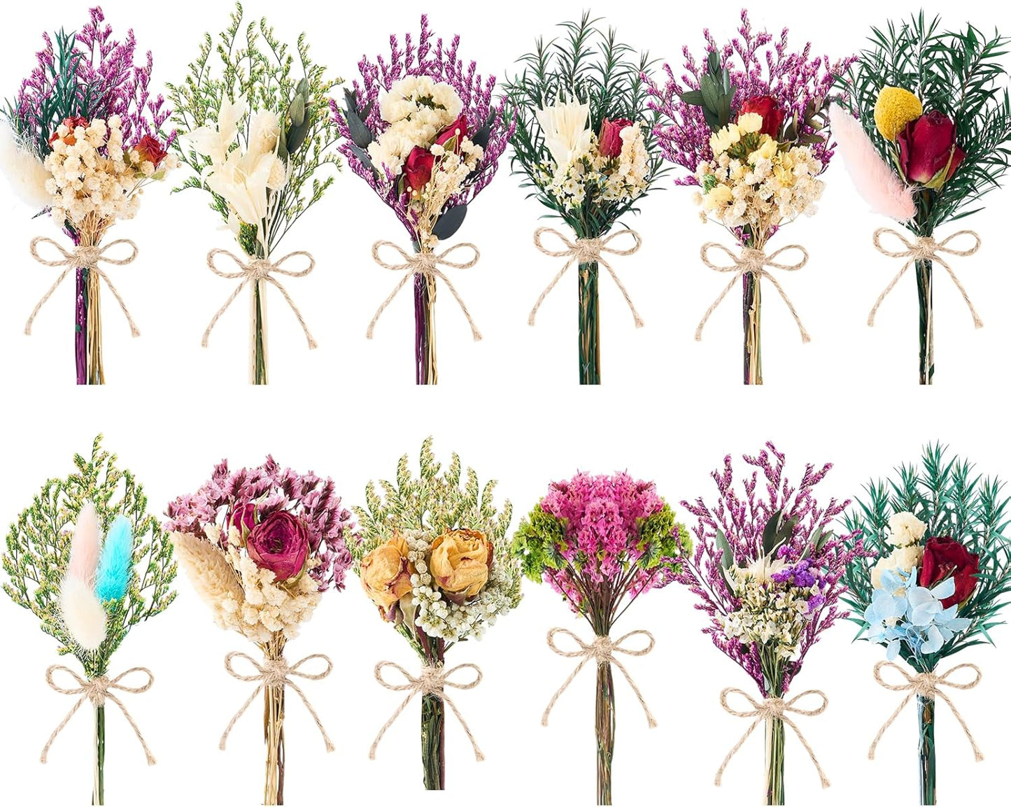 12/24 PCS Charming Dried Flowers Bouquet for Vase Various Dried Wildflowers with Stems Mini Handmade Wildflowers Natural Real Flowers Bulk Flowers Craft (Romantic Colour, 12 PCS)
