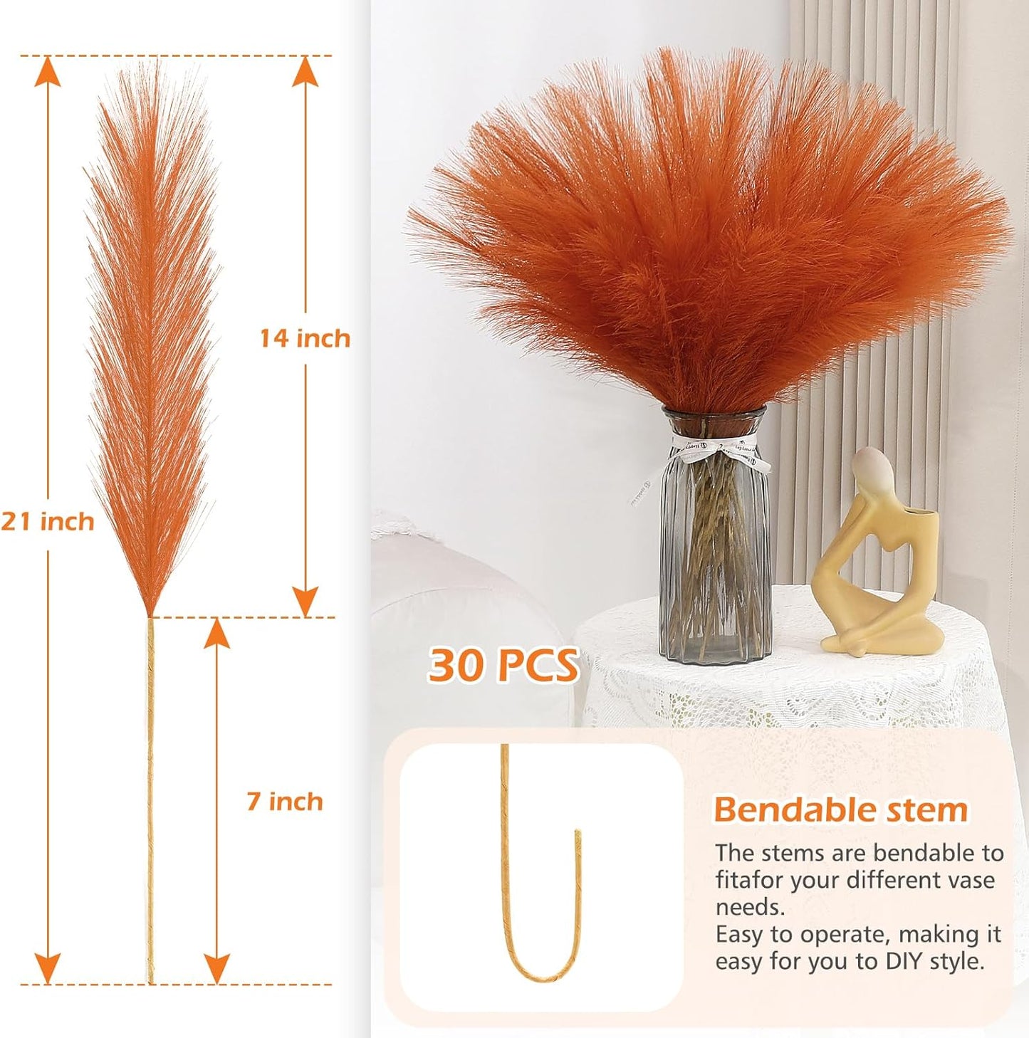 Orange Pampas Grass Decor 30 Pcs 21.7 Inch Faux Pampas Grass Bulk Artificial Dried Flowers Small Vase Filler Pompas Grass.
