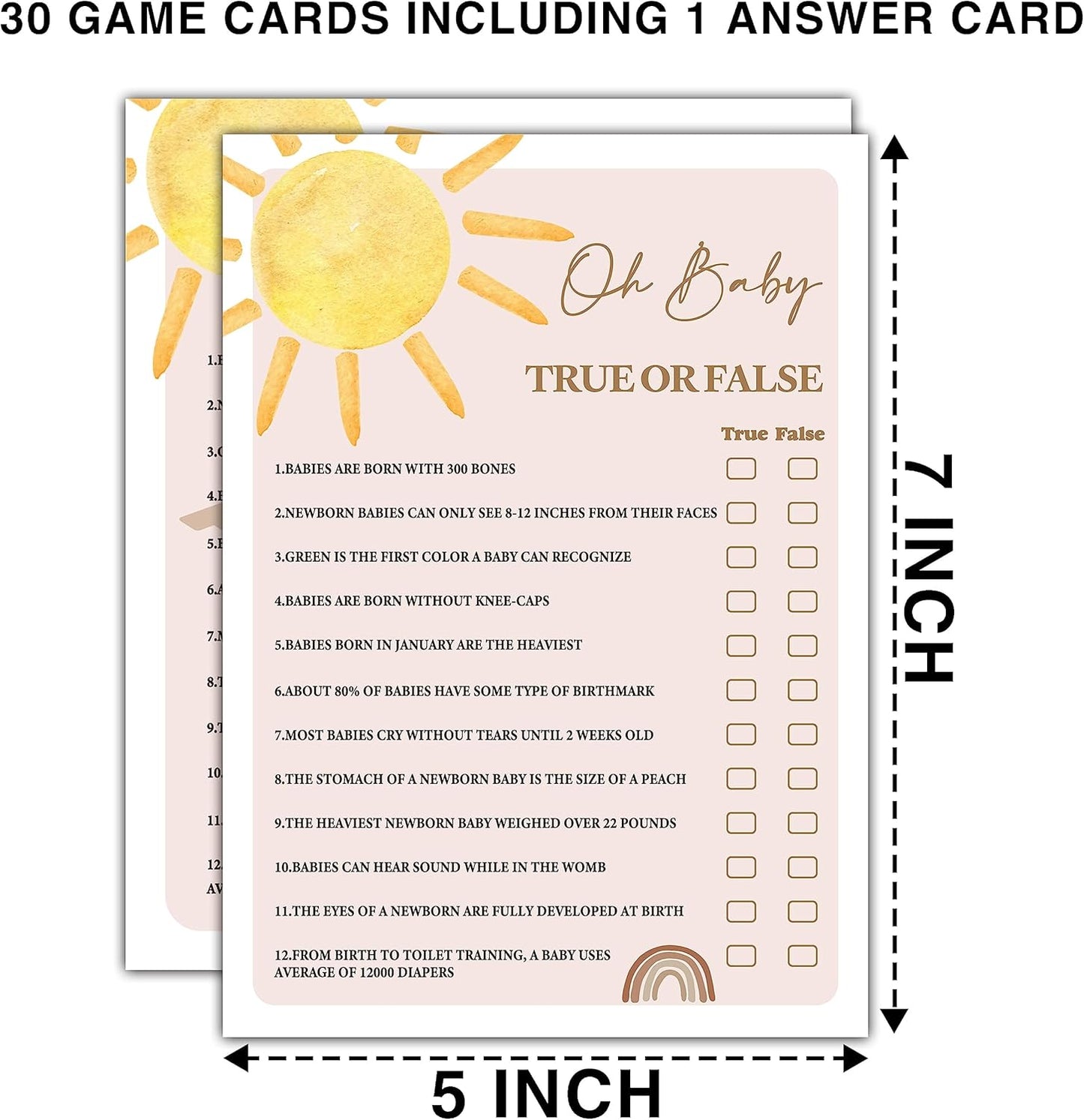 YSTEP Boho Sunshine 30 Oh Baby True or False Game Cards with 1 Answer Card, Gender Reveal Party Supplies Favors (5"x7") - D03