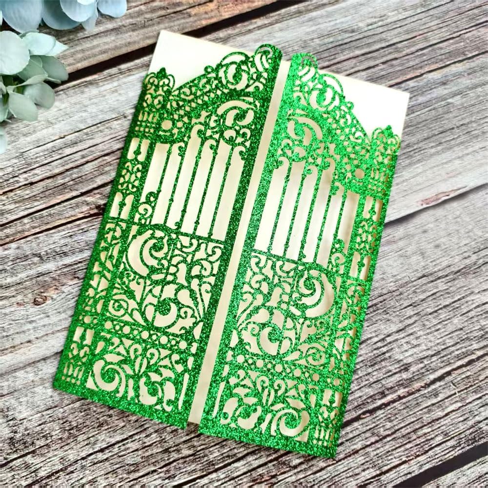 MillaSaw Glitter Green Gate Invitation Sleeve, Laser Cut Catle Invitation For Quinceanera Ball Wedding Bridal Shower Valentine Birthday Christmas 25 Sets (green glitter, 4.9"x7.1")