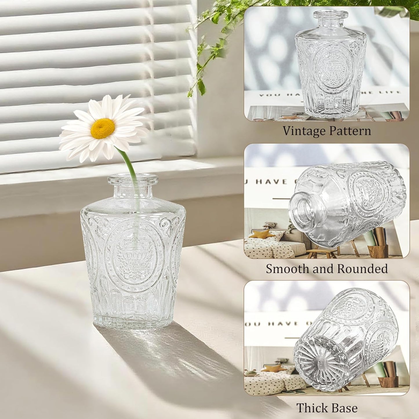6Pcs Glass Bud Vase Set,Small Flower Vase for Tables Centerpieces Decor, Mini Vintage Clear Vase for Home,Wedding,Party Decorations（6 Pcs，Clear）