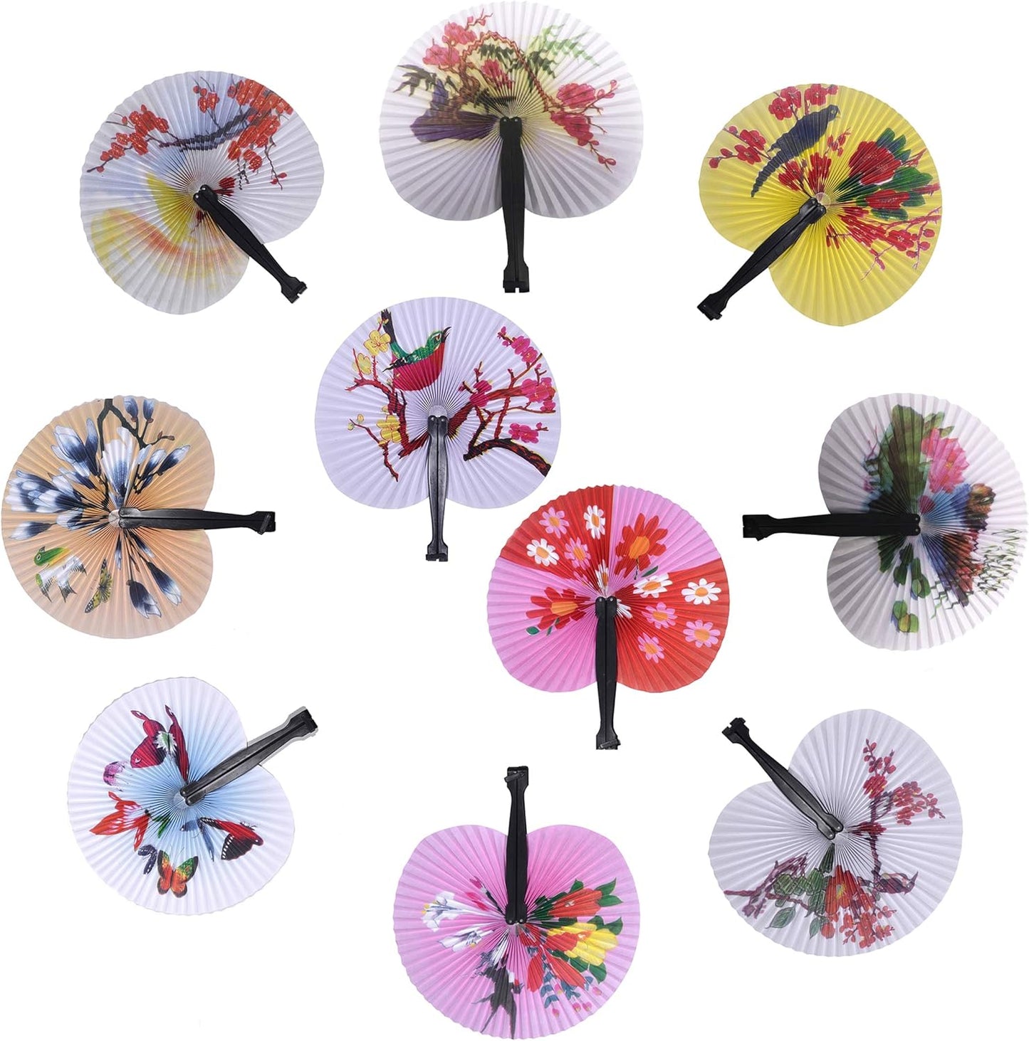 20 Pcs Folding Handheld Fans Paper Chinese Oriental Floral Wedding Round Shaped Accordion Fans Assortment with Plastic Handle for Birthday Party Favors Supplies(Black Handle)