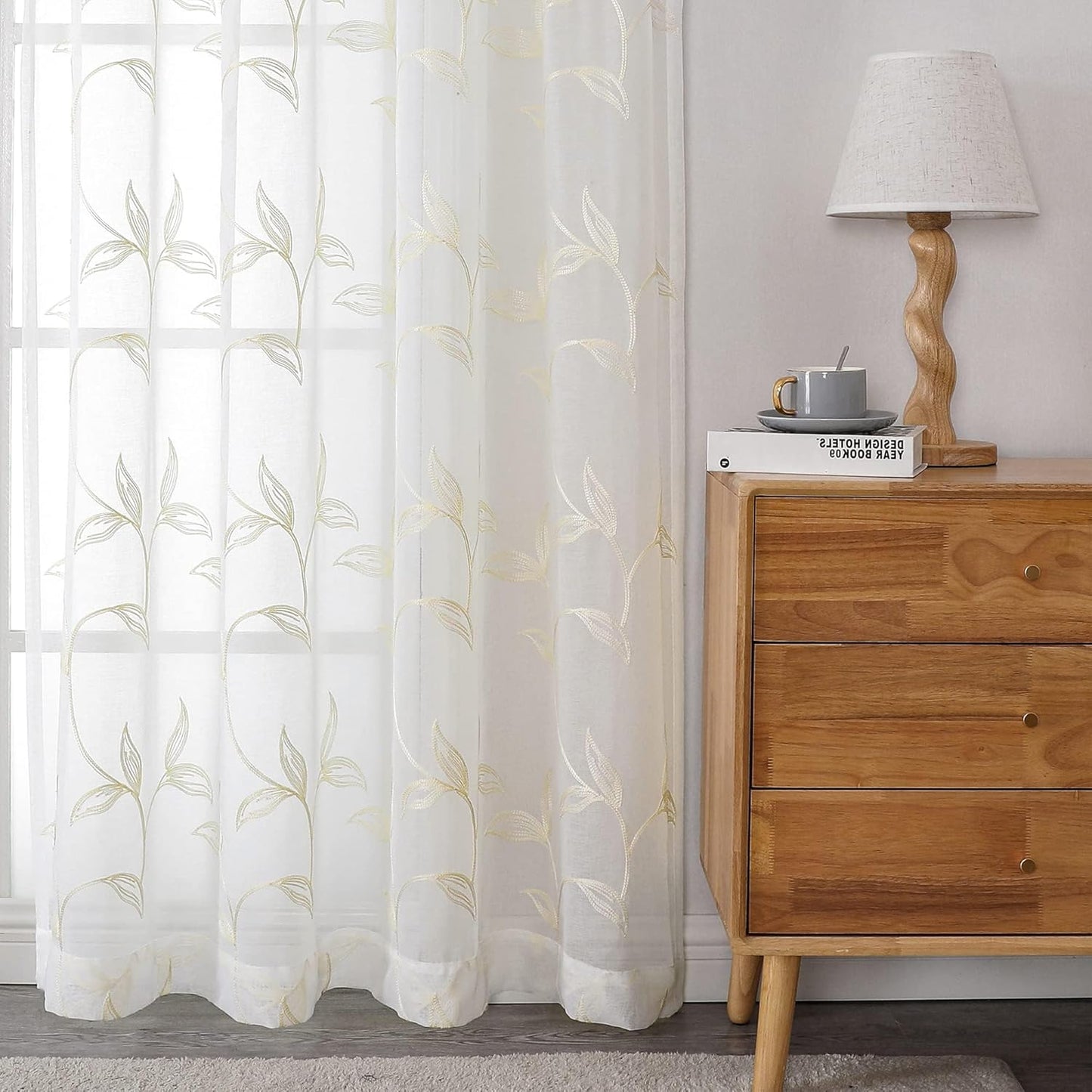 VISIONTEX Sheer Curtains 120 inch Length 2 Panels Set, White Voile Crushed Cream Vine Leaves Embroidery, Rod Pocket Embroidered Window Drapes for Living Room and Bedroom, 54" x 120"
