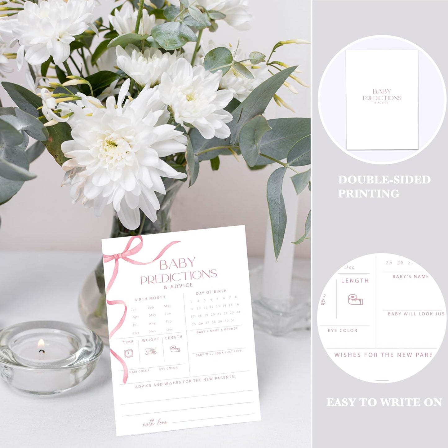 Advice For New Parents Baby Shower, Baby Predictions & Advice Cards For Baby Shower Games Activities, Wishes for Baby, 25 Double-Sided Thick Cards – Pink Bow A05