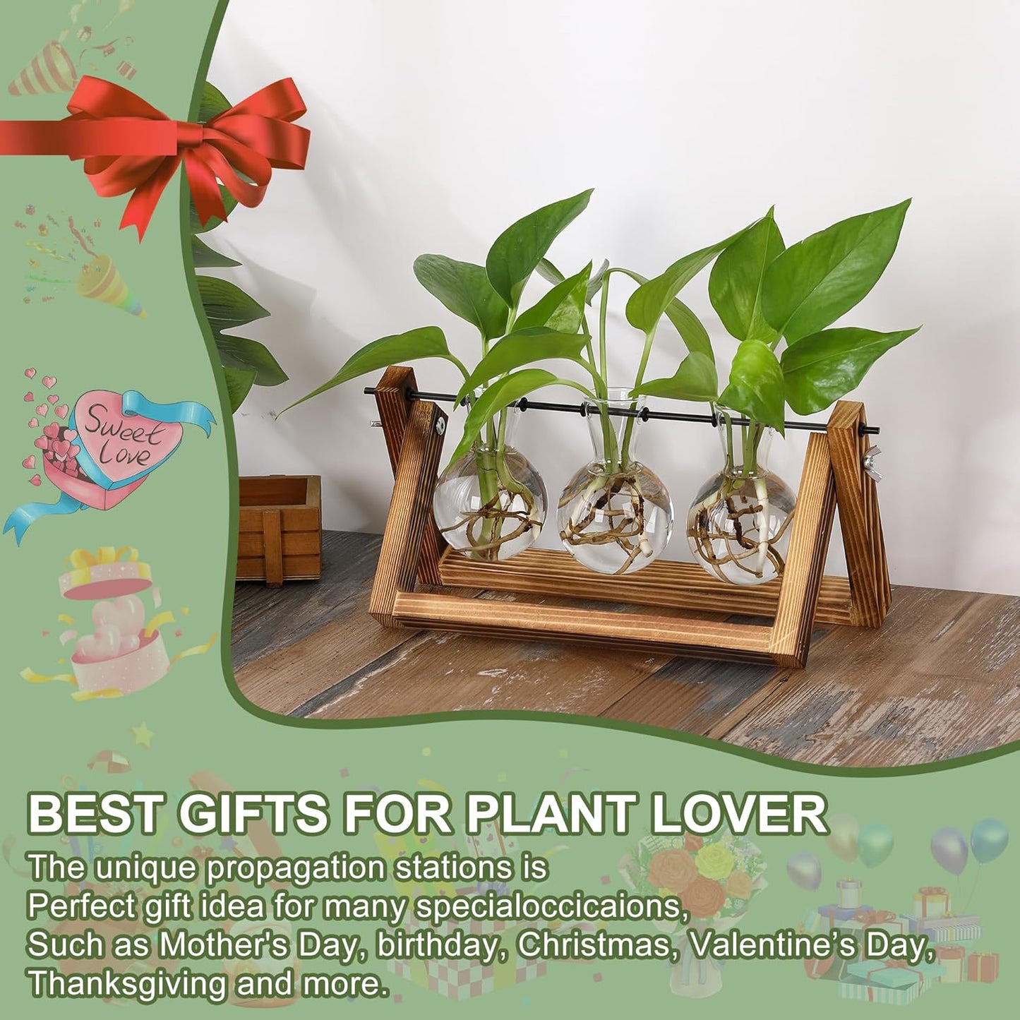 YIBOT Plants Propagation Stations,Desk Plant Terrarium with Retro Wooden Stand,Plant Lover Gifts for Women for Hydroponics Plants Home Garden Wedding Decor(3 Bulb Vase)