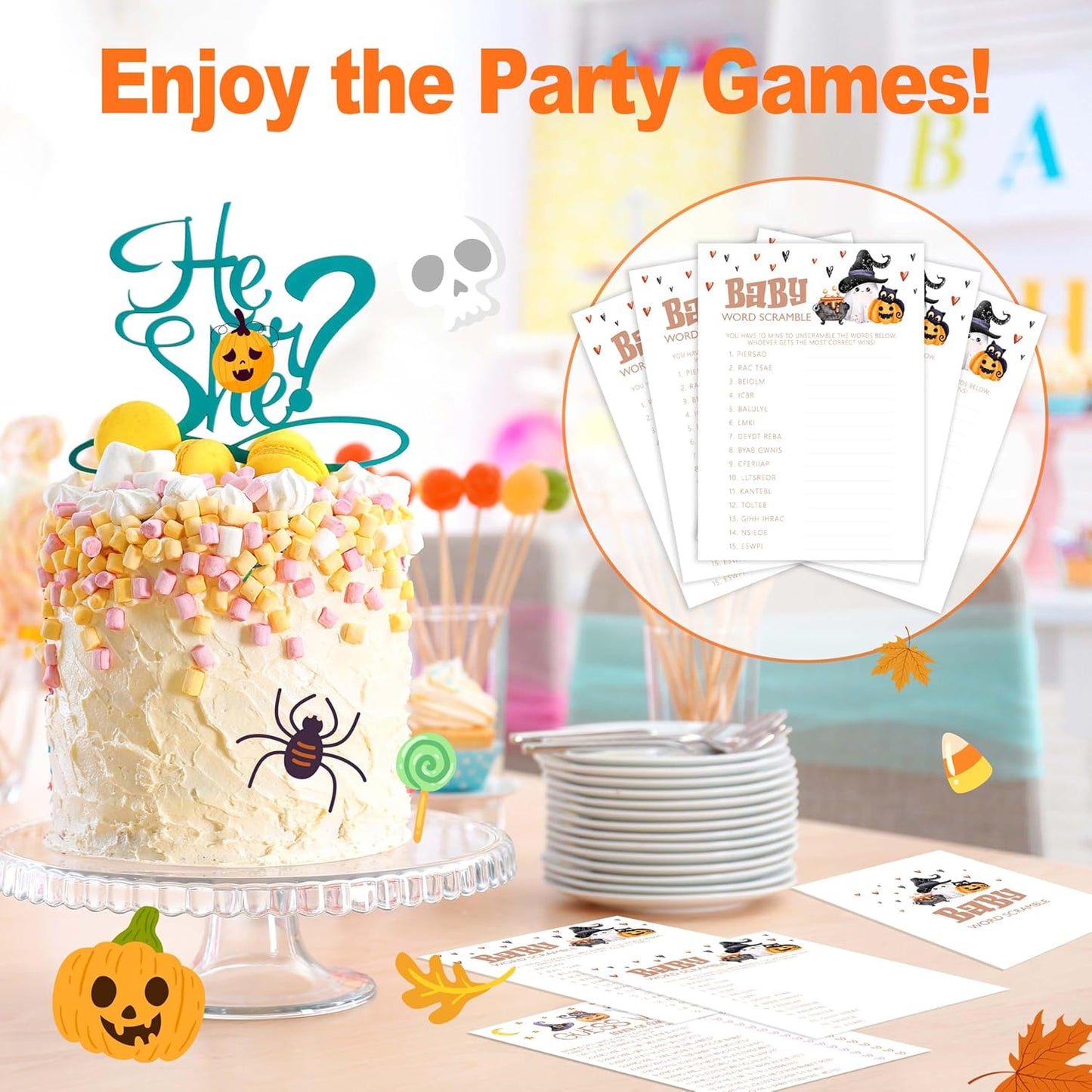 Baby Shower Games, Halloween Baby Word Scramble, 25 Double-Sided Game Cards + 1 Answer Card for Gender Reveal Party Decorations Supplies Announcement - B07