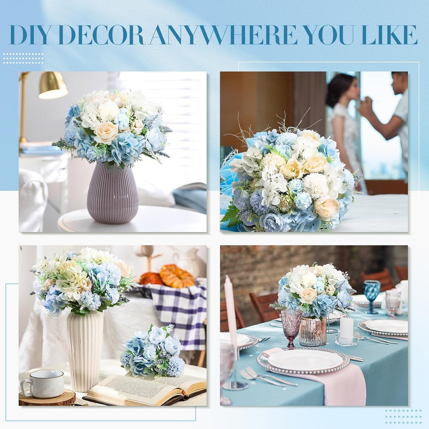 Tigeen Artificial Flowers Artificial Peonies Silk Flowers Faux Peony Fake Peony Silk Hydrangea Bouquet for Wedding Table Centerpiece Floral Vase Decor(White,Blue,12 Bundles)