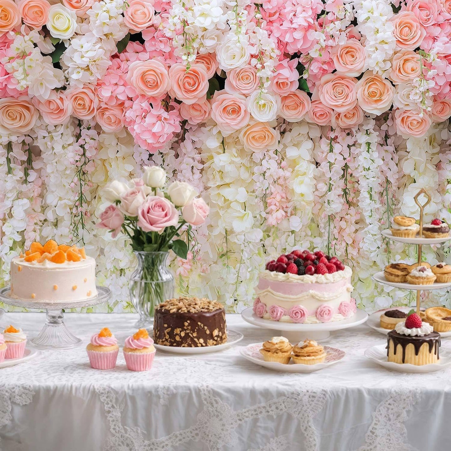 6x6ft Pink Rose Flower Wedding Photography Backdrop Spring Floral Photography Backdrop Valentine's Day Mother's Day Girl Birthday Baby Shower Wedding Bridal Party Banner Photo Booth Props Background