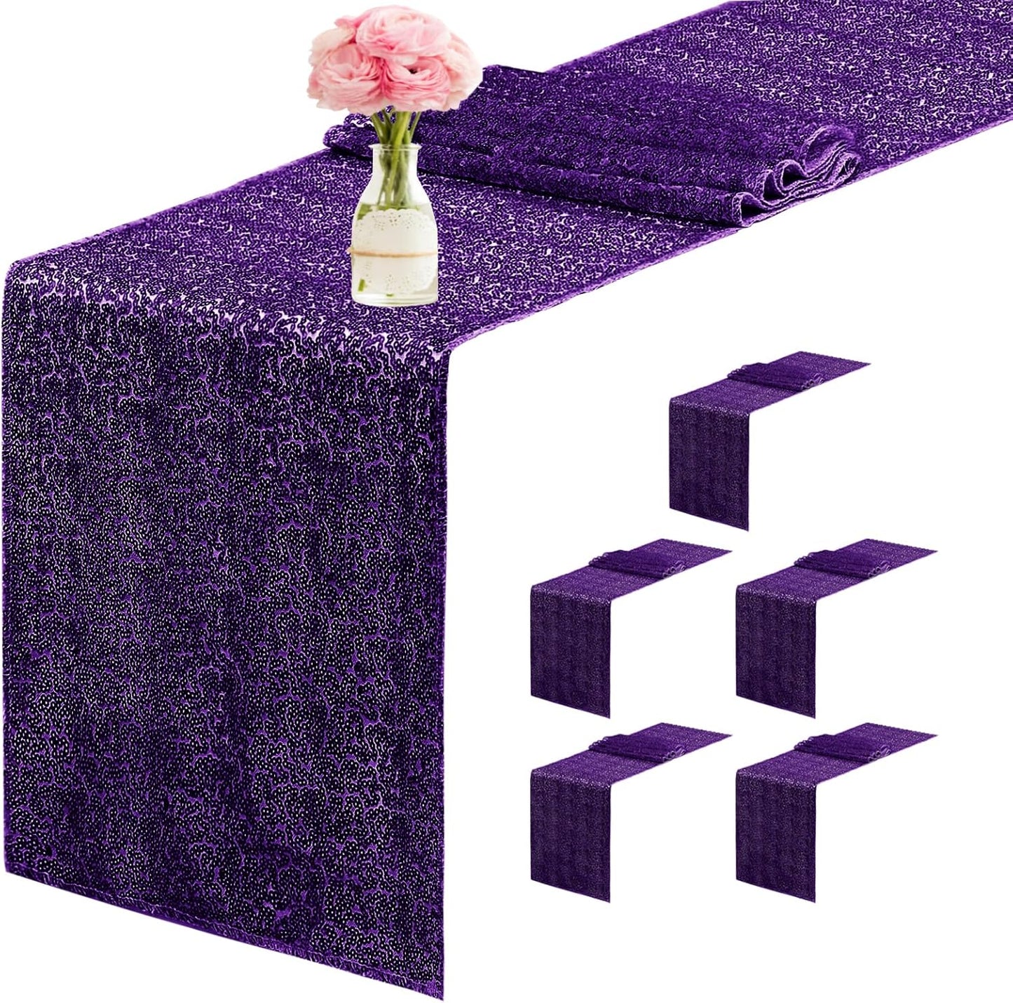 6 Packs 12 x 72 inches Sequin Table Runner, Purple Glitter Table Runner for Birthday Party Supplies Wedding Engagement Baby Shower Holiday Celebration Event Decorations