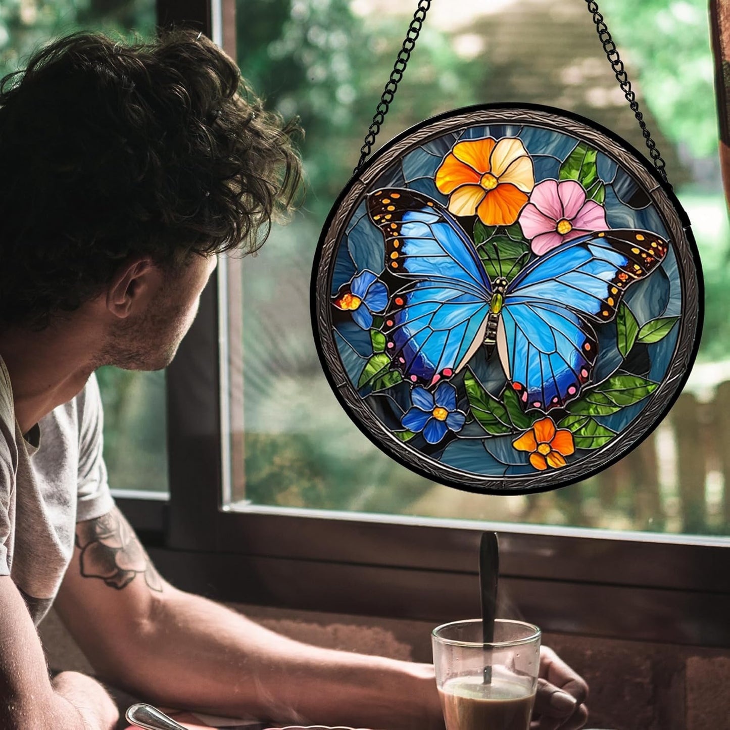 Stained Glass Window Hanging, Blue Butterfly Flower Suncatcher for Doors Home Sun Catchers Decoration and Christmas, Mother's Day Birthday Gifts for Women, Men, and Mom 14.9 in