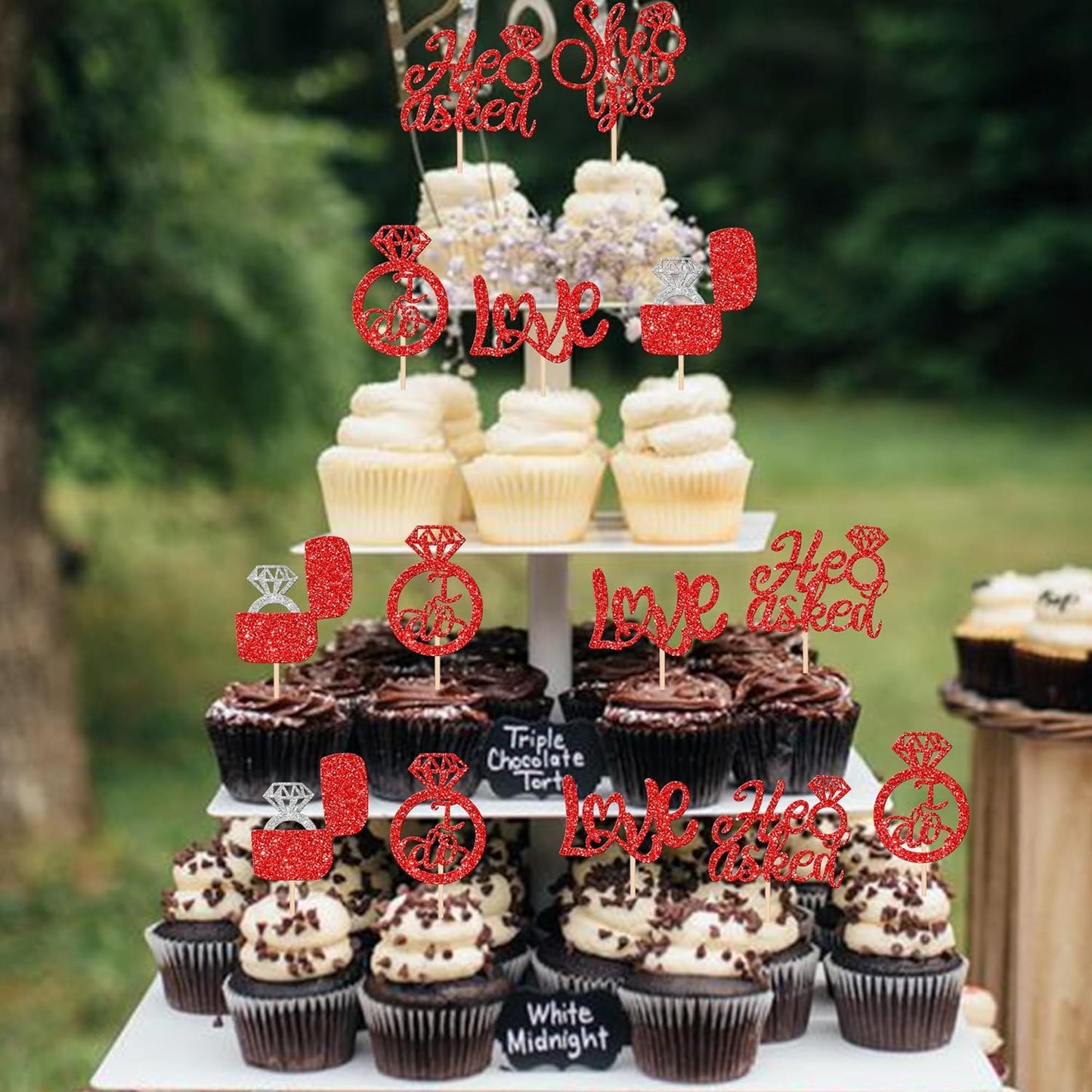 30 PCS He Asked She Said Yes Cupcake Toppers Diamond Ring Cupcake Picks Love I Do Bridal Shower Cupcake Decorations for Wedding Enaggement Theme Party Cake Decorations Supplies Red