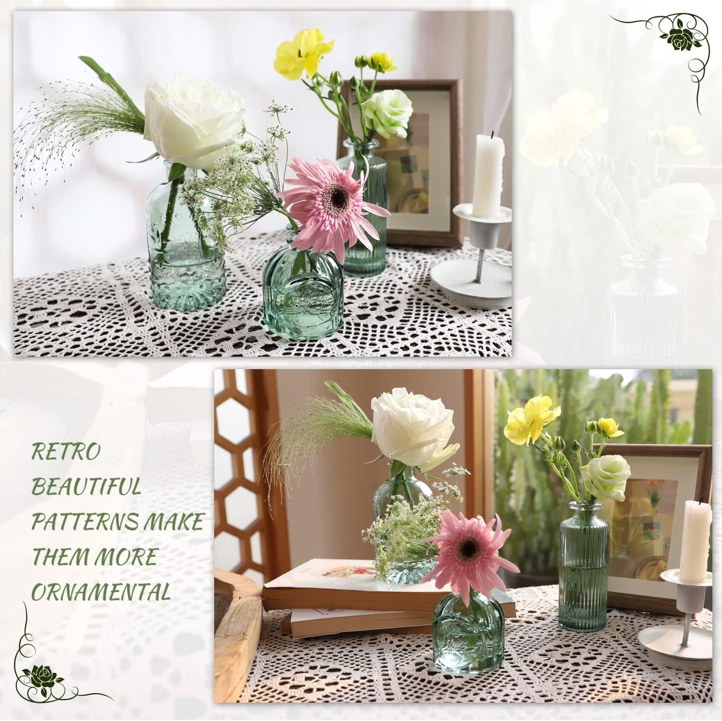 Green Glass Bud Vase Set of 22, Small Vases for Flowers, Clear Glass Vases for Centerpieces, Mini Bud Vases in Bulk Rustic Wedding Decorations, Centerpieces, Vintage Look Home Table Flower Decor