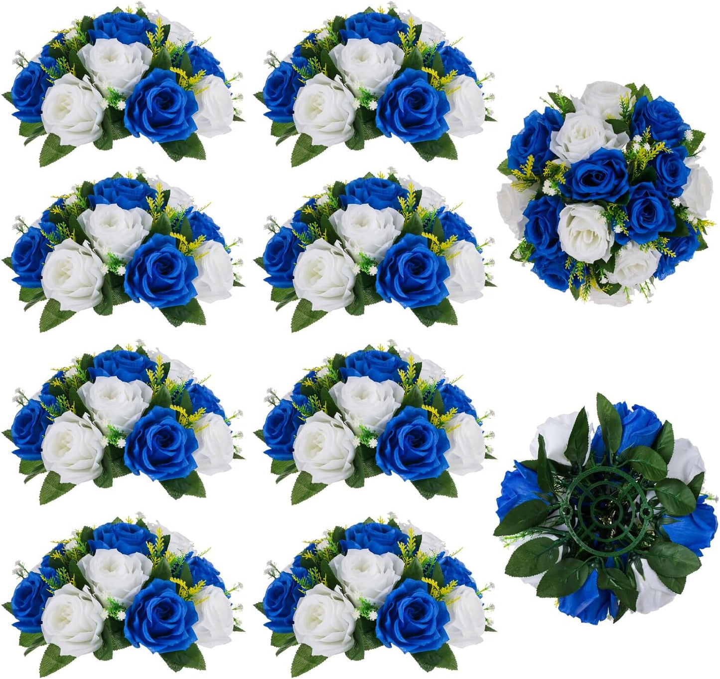 BLOSMON Rose Flowers Artificial for Decoration: 10 Pcs Royal Blue White Fake Kissing Balls for Wedding Table Centerpieces - Artificial Silk Floral Bouquet Arrangements for Home Party DIY Decor