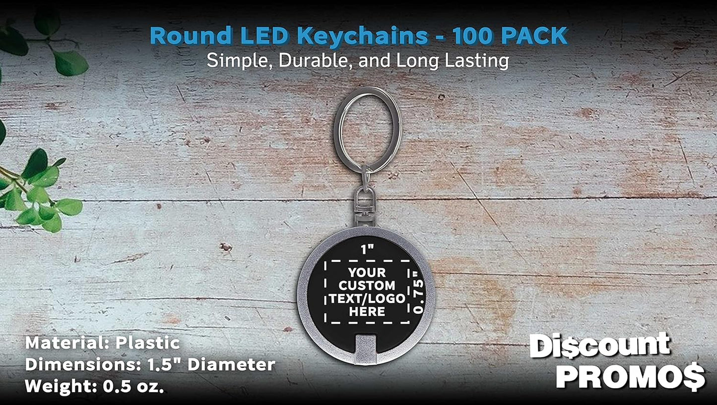 DISCOUNT PROMOS 100 Round LED Keychains - Customizable Text, Logo - Battery included, Plastic - Black