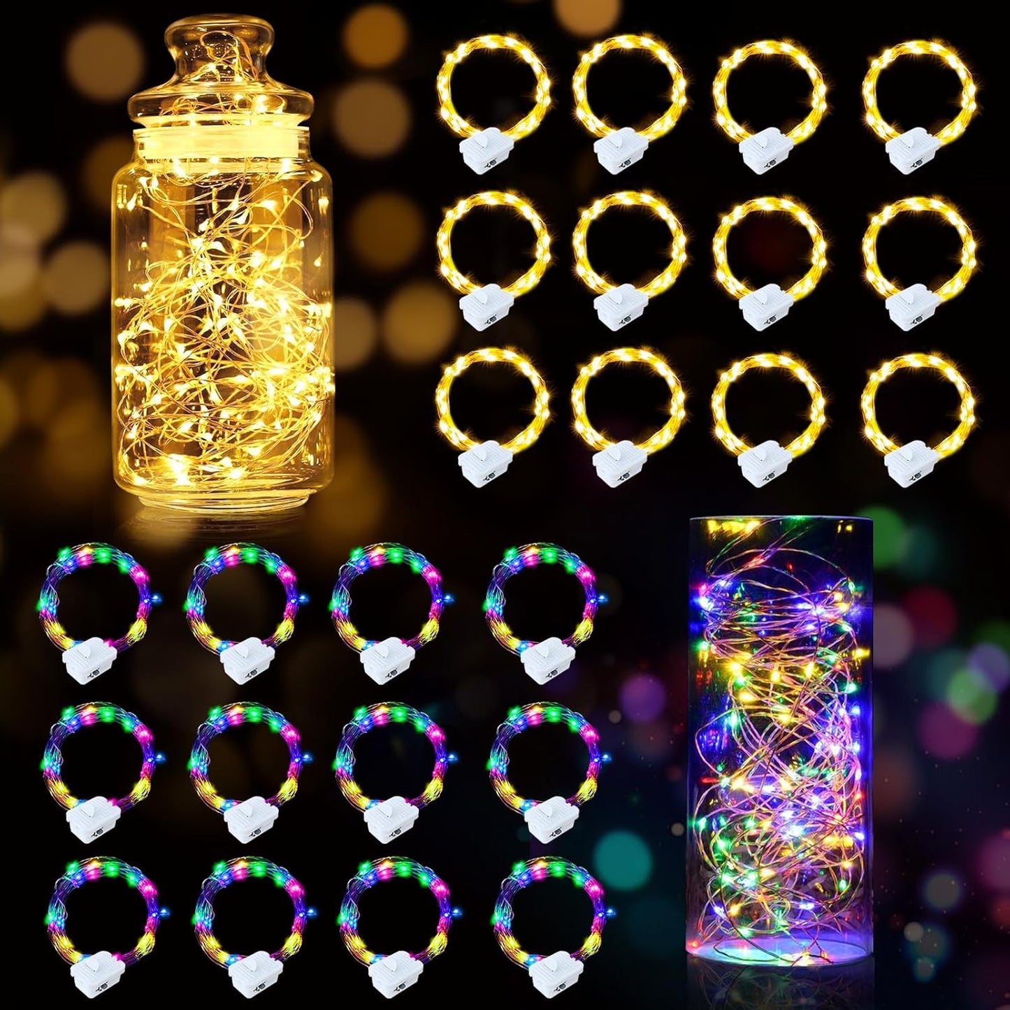 pozzolanas 24 Pack 7ft Waterproof LED Fairy Lights - Battery Operated String Lights with 20 LEDs for Home, Mason Jar, Party, Wedding, Halloween, Christmas Decorations (12 Multicolor & 12 Warm White)
