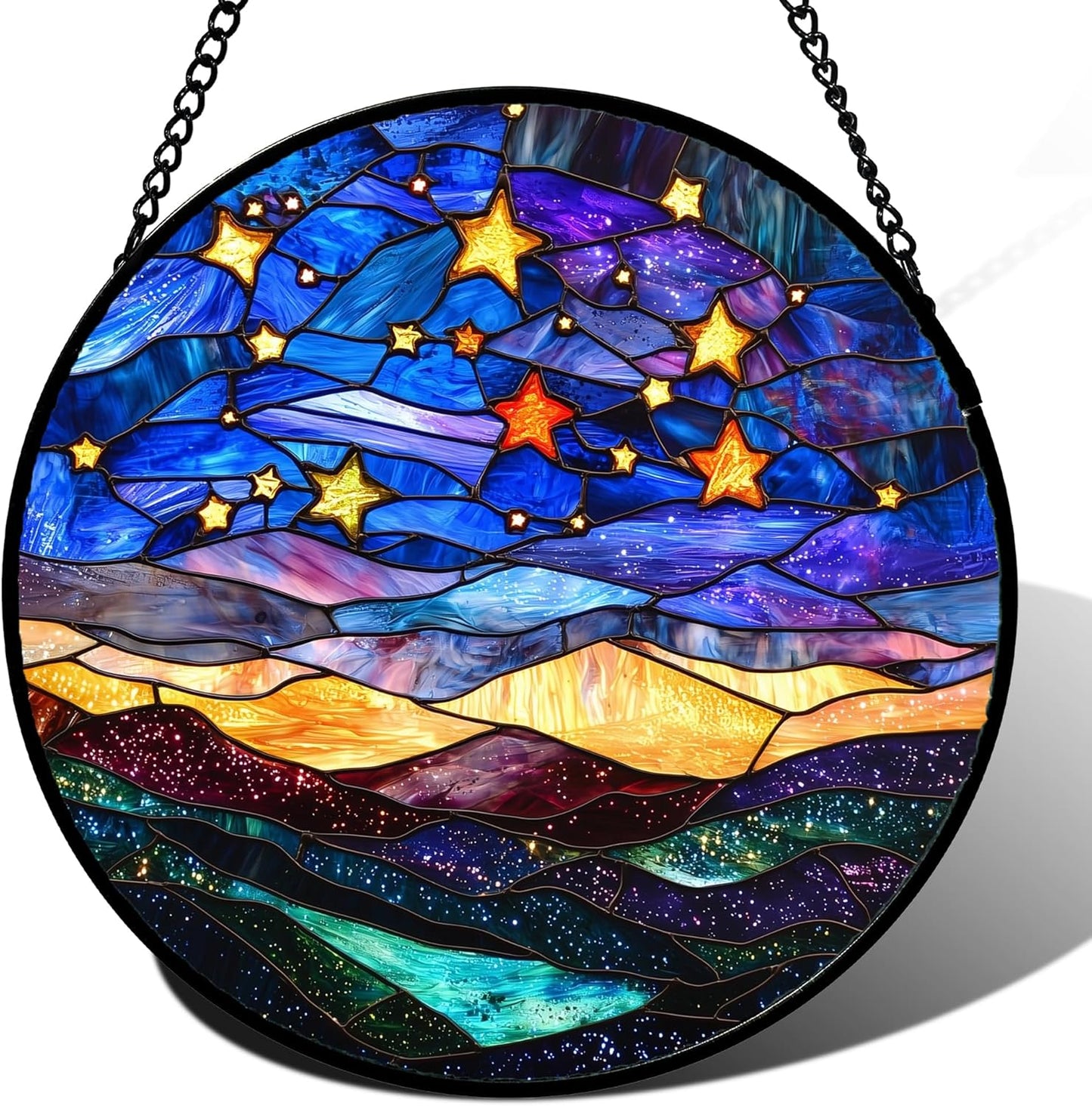 Stained Glass Window Hanging, Blue Sky Gold Stars Abstract Landscape Suncatcher for Doors Window Home Sun Catchers Decor Mother's Day Birthday Gifts for Women, Men Mom 11.8 in