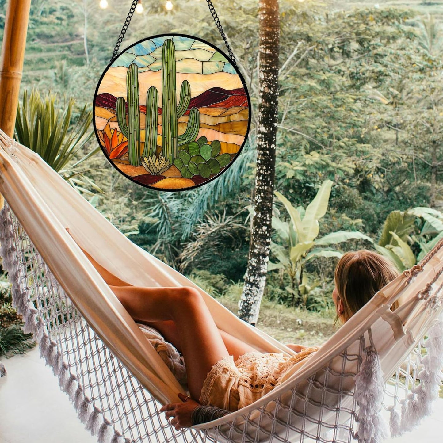 Stained Glass Window Hanging, Green Cactus Sun Catcher for Door Terrace Garden Home Decor, Abstract Desert Landscape Suncatcher Birthday Gifts for Lovers Women Men Dad Mom Nana 9.8 in