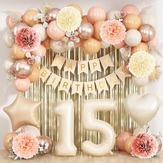 Beige 15th Birthday Decorations Girls Boys Cream Number 15 Balloon Nude Gold Happy Birthday Banner Fringe Curtain Paper Pom Poms Blush White Sand Champagne Star Foil Balloons Neutral Boho Party Decor