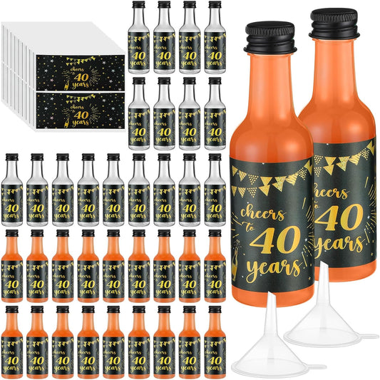 Vesici 50 Pack Mini Liquor Bottles 1.7oz Shot Mini Wine and Champagne Bottle Birthday Sticker with 2 Funnels Birthday Party Favor for Adult Guest Women Men Anniversary Celebration(Cheers to 40 Years)