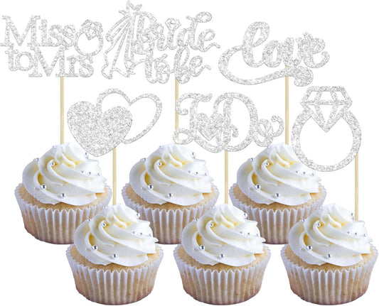 Gyufise 24Pcs Bride to Be Cupcake Toppers Silver Glitter I Do Love Heart Ring Miss To Mrs Cupcake Picks Bridal Shower Cake Decorations for Wedding Engagement Bachelorette Party Supplies