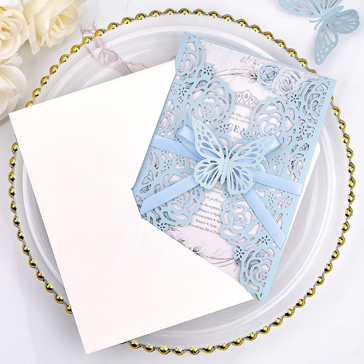 50 Set Light Blue Wedding Invitations Butterfly Laser Cut Invitations Pocket with Blank Inner Cards Rsvp Envelopes Stickers - Personalized Party Invites for Baby Bridal Shower QuinceañEa