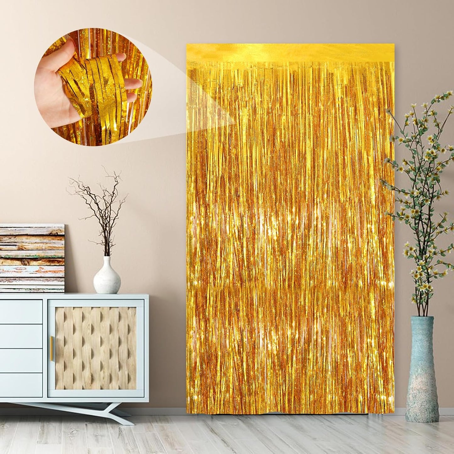 2Pack 3.3 x 8.3 Ft Gold Party Streamers, Tinsel Streamers Birthday Party Decorations, Fringe Backdrop for Graduation, Baby Shower, Door Streamers Tinsel Curtain Gender Reveal New Year Party Streamers