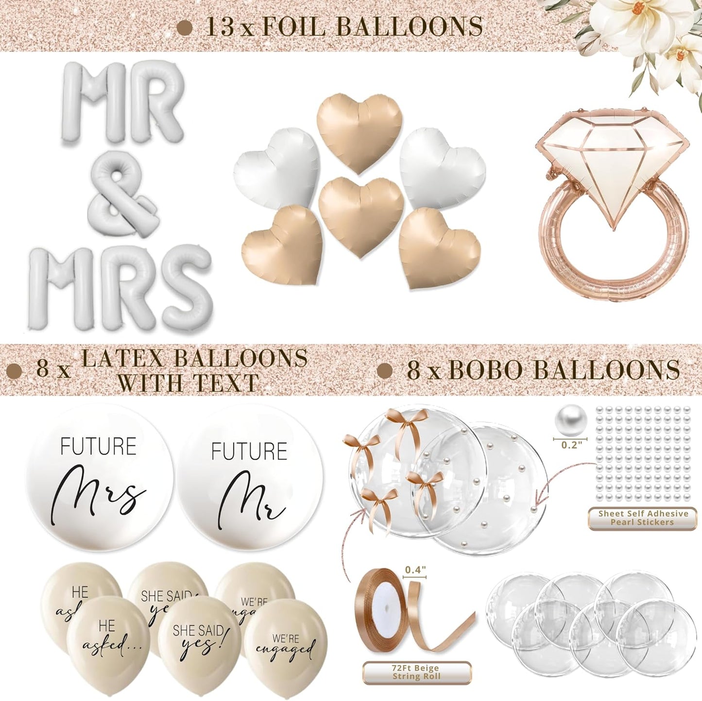 261 Pc Premium Engagement Party Decorations Kit – Elegant Mr. & Mrs. Wedding Balloons, Happy Engagement Banner, Diamond Ring White Gold Balloons, Cupcake Toppers – Classy Bride To Be Decor