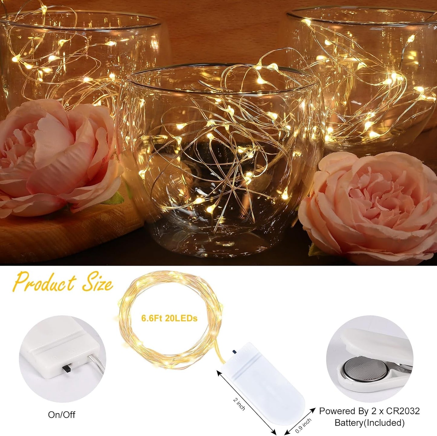 24Pack Fairy Lights,Battery Operated String Light,6.6FT 20 LED Mason Jar Lights,Waterproof Silver Wire Firefly Light,Mini String Light for Mason Jars Wedding Party Christmas Decor,Warm White