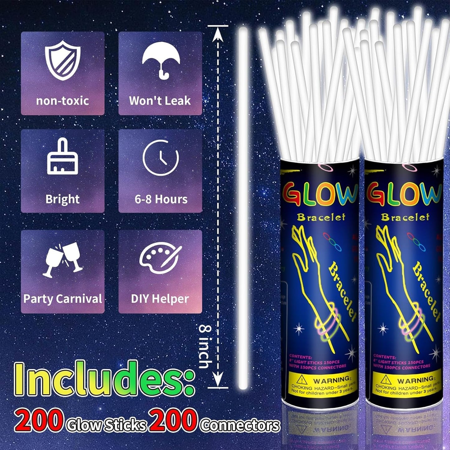 200 Pack 8'' Glow Sticks Bulk Party Favors White Light Up Sticks with Connectors Neon Glow in the Dark Party Supplies Bracelets for Holiday Birthday Party Decoration(White)