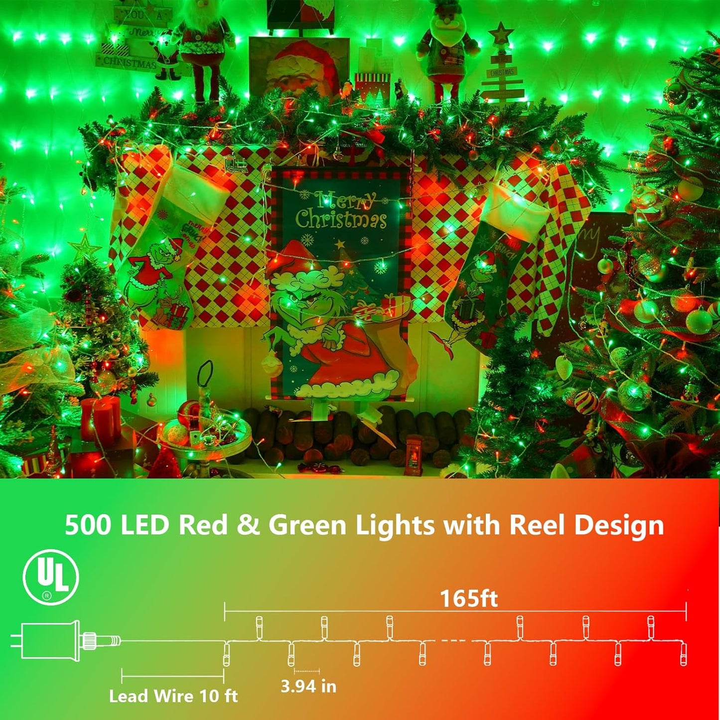 YEGUO 165ft 500 LED Red and Green Christmas Lights Outdoor Waterproof, Clear Wire String Lights Indoor Plug in, 8 Modes Clear Wire Twinkle Tree Light for Xmas Party Garden