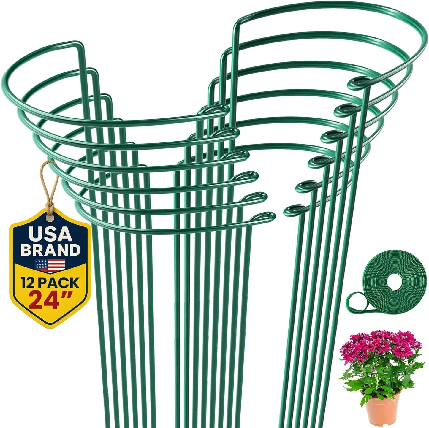 12 Pack Tall Snake Plant Support Stakes – 10" W x 24" H Half Round Peony Cages and Supports for Indoor and Outdoor Plants – Plant Cage Ring Support for Flower - Peony, Tomato, Hydrangea, Rose Bush
