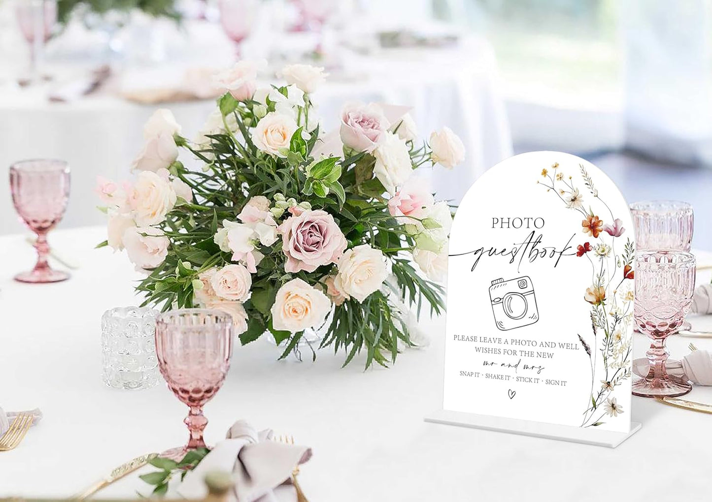 Boho Floral Photo Guestbook Sign, 6 x 8 Inch White Arch Acrylic Wedding Sign with Holder, Wedding Sign for Ceremony and Reception, Wedding Decoration, Wedding Supplies - BX06