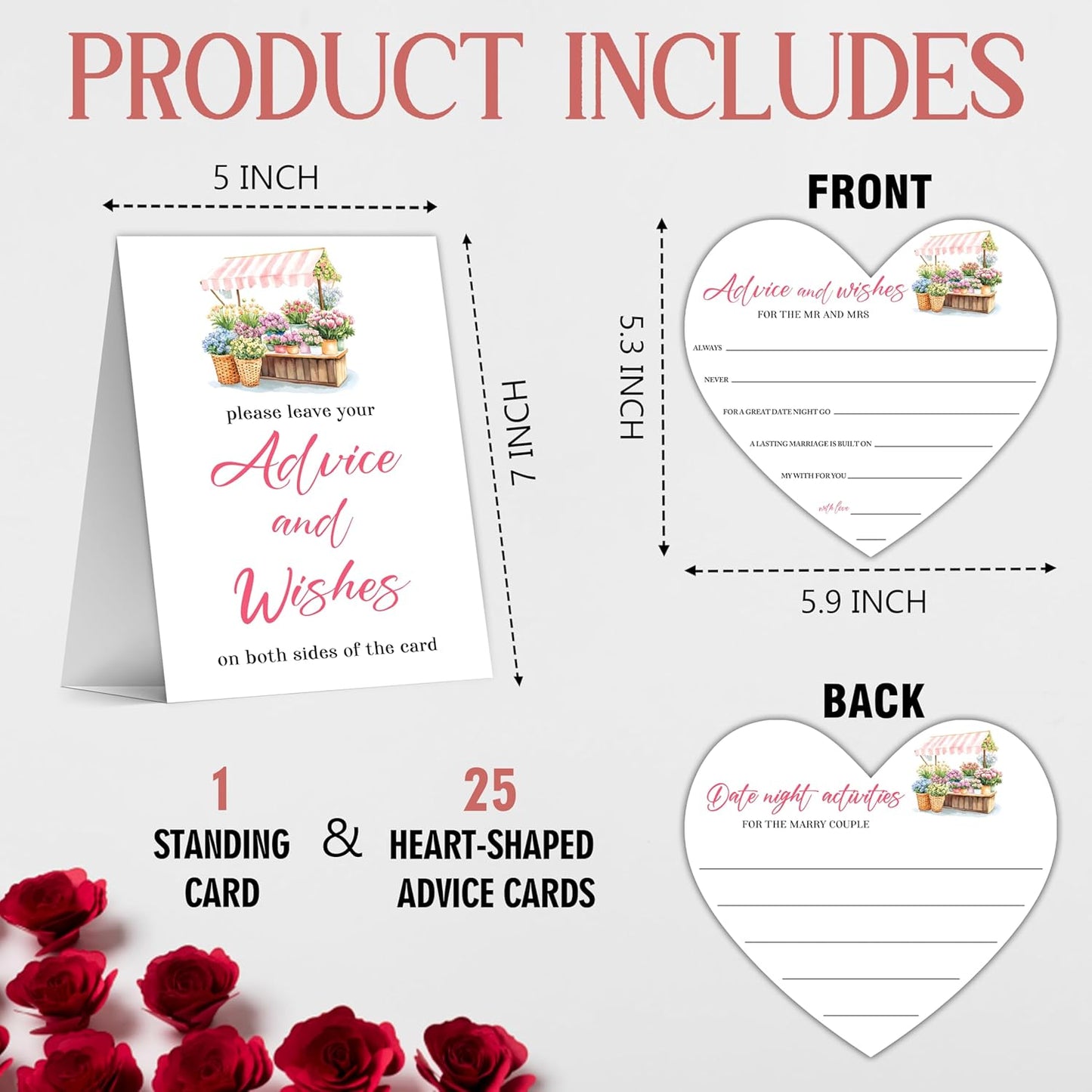 Floral Advice And Wishes For The Mr And Mrs, Wedding Advice Cards For Bridal Shower Games, Date Night Well Wishes Card, Wedding Shower Games Card, Engagement Party Decor -B05