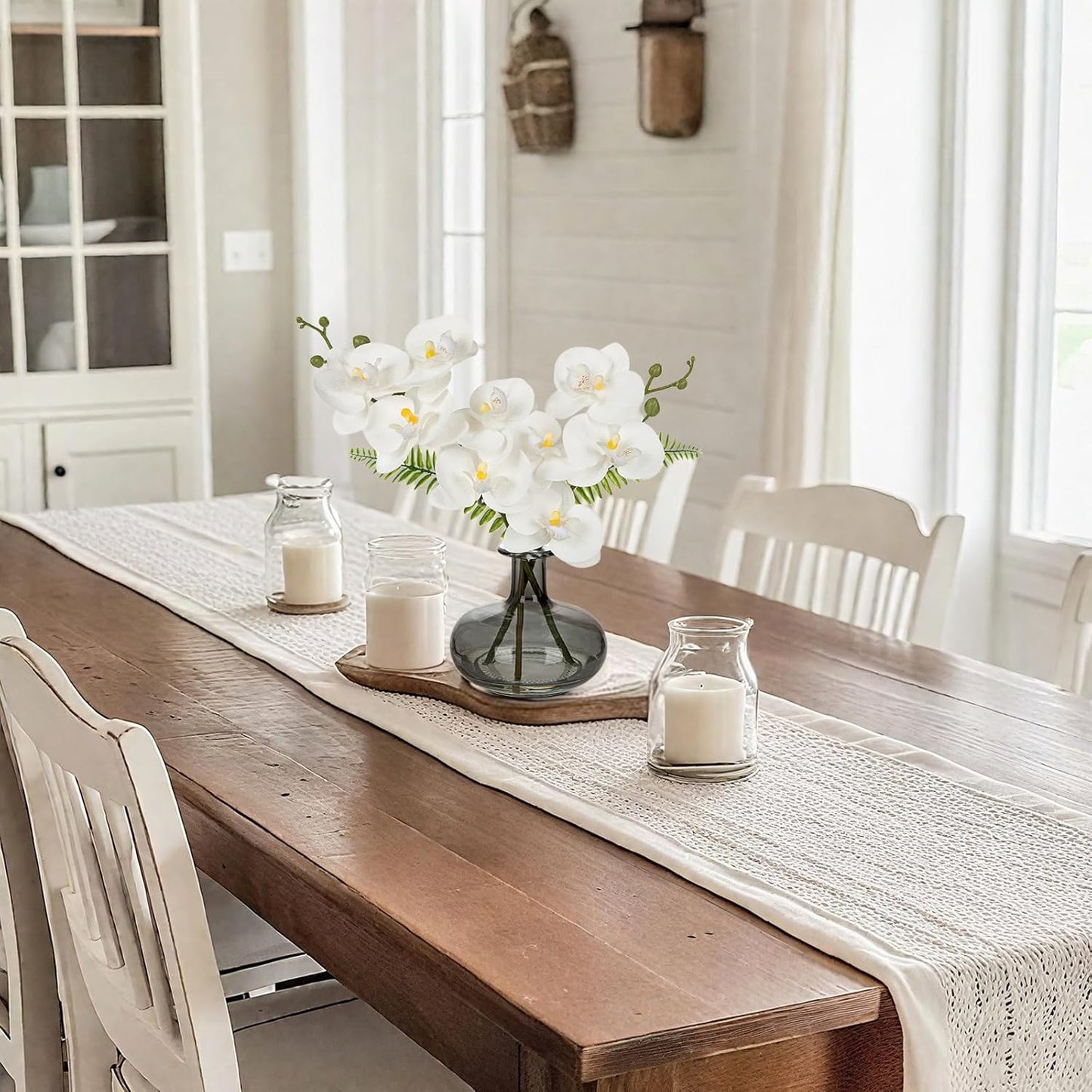 White Orchids Artificial Flowers with Vase, Small Faux Orchid Arrangement Fake Flower in Woven Glass Vase Black and White Decor Small White Centerpieces for Kitchen Dining Room Tables Bathroom Decor