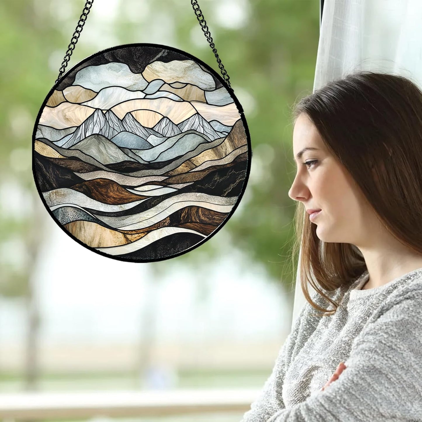 Stained Glass Window Hanging - Grey Mountains Landscape Suncatcher for Doors Garden Patio Retro Sun Catchers Decor Christmas Mother's Day Birthday Gifts for Women Men Mom Nana Friend 15 in