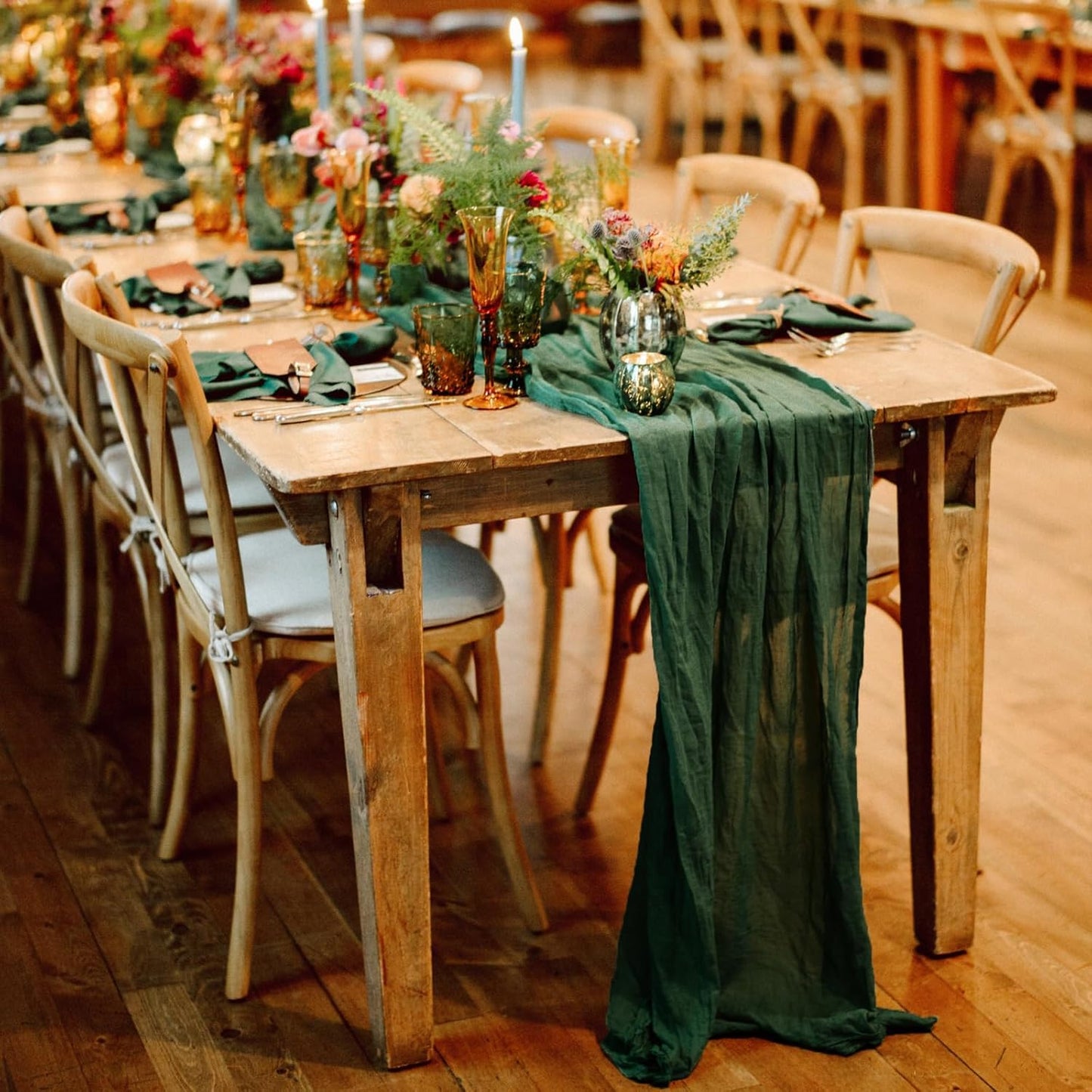 Hahuho Emerald Green Cheesecloth Table Runner 10ft, Gauze Boho Rustic Table Runners for Wedding Birthday Party Baby Shower Decorations（6 Pack , 35x120 Inches）
