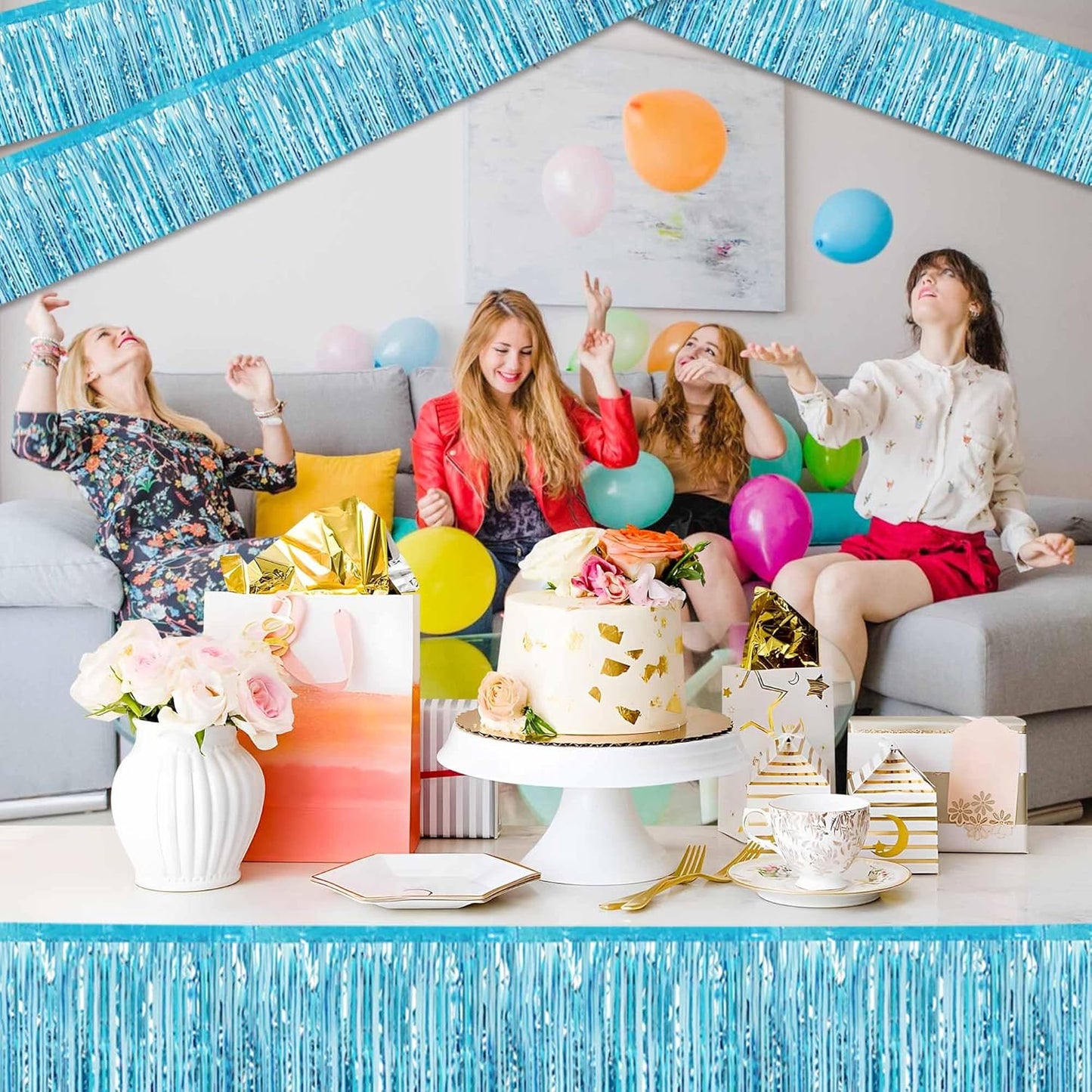 6 Pack 10 Ft Light Blue Foil Fringe Garland Metallic Streamers Tinsel Banner Wall Hanging Garland Backdrop for Parade Floats, Halloween, Christmas, Thanksgiving, New Year Party Decorations