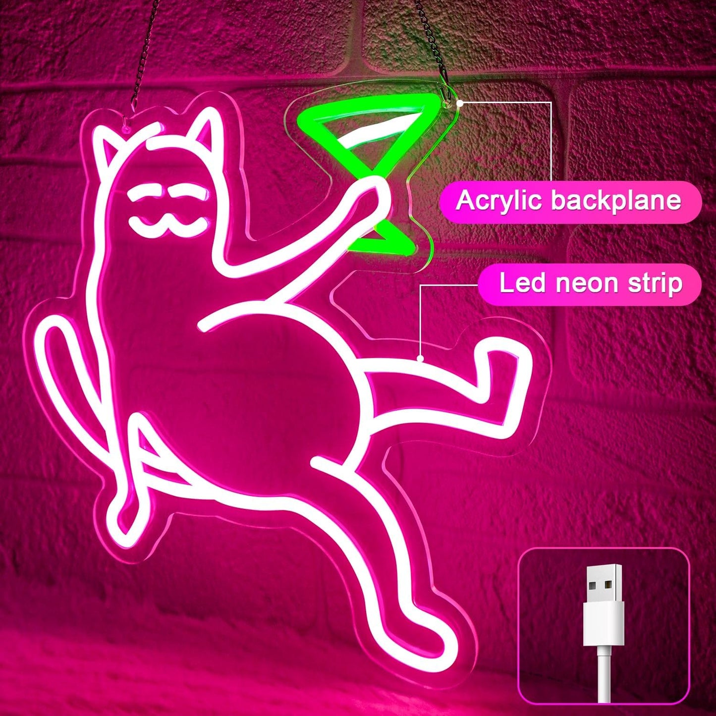 Cat Neon Sign for Wall Decor,Cat Holding Cocktail Neon Lights for Bedroom,Cute Cat Sign for Bar,Light Up Cat Sign,Cat Neon Light Sign for Pubs,Lounge,Cat Led Signs for Wall Decor,Home Bar