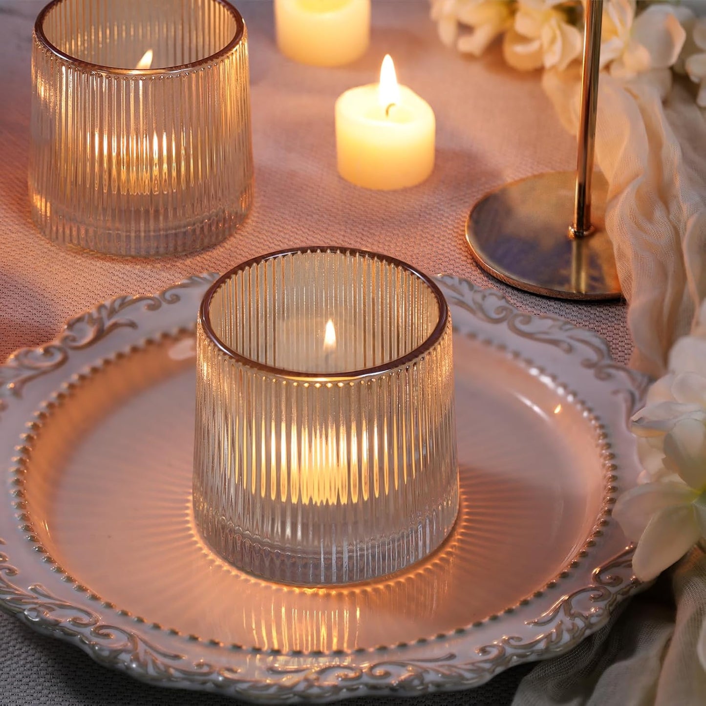 DARJEN Gold Ribbed Tealight Votive Candle Holders- 6Pack Glass Candle Holders for Table Centerpiece, Home Decor, Wedding Decor, Party Dinner